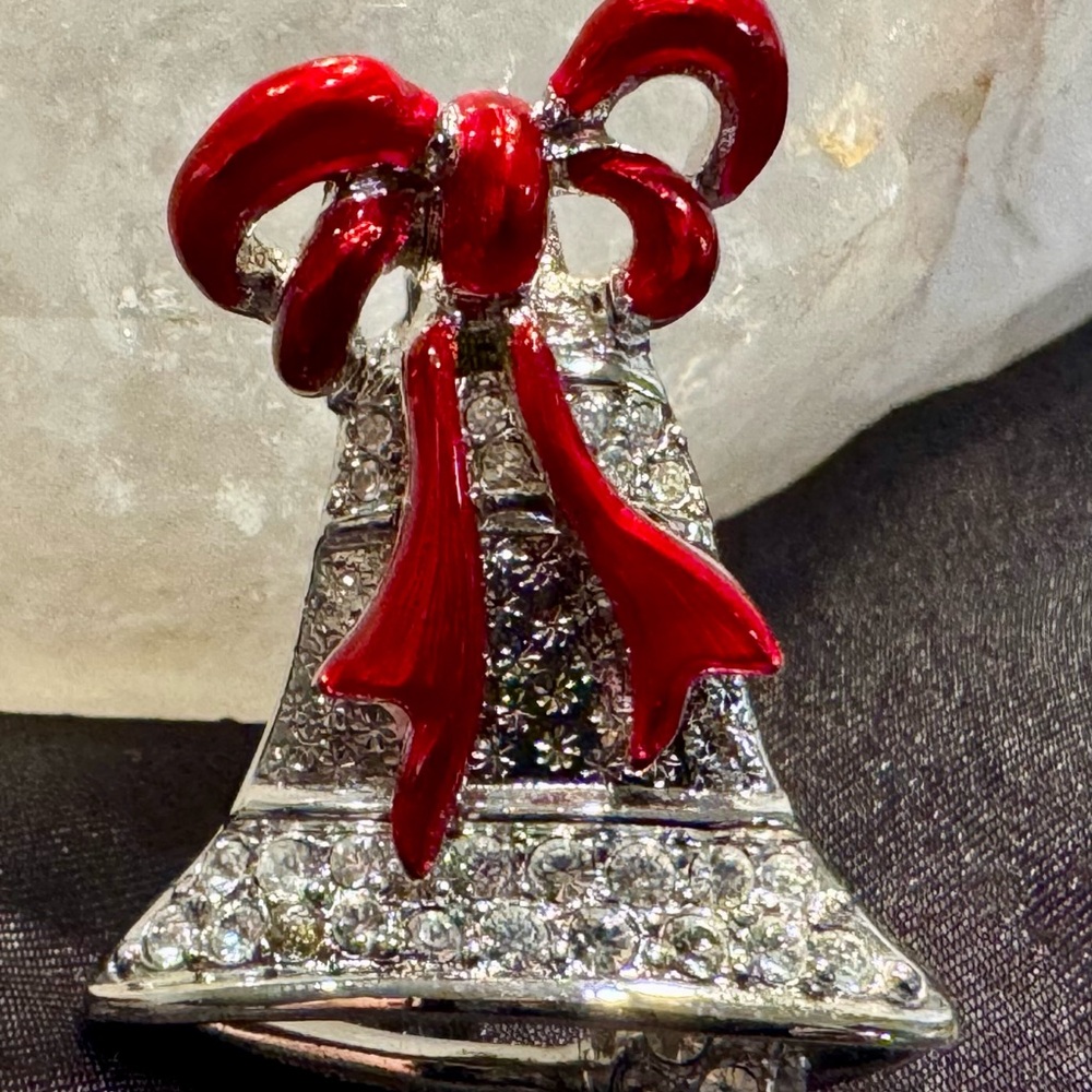 Authentic Swarovski Crystal & Red Christmas Bell Enamel Brooch Stamped